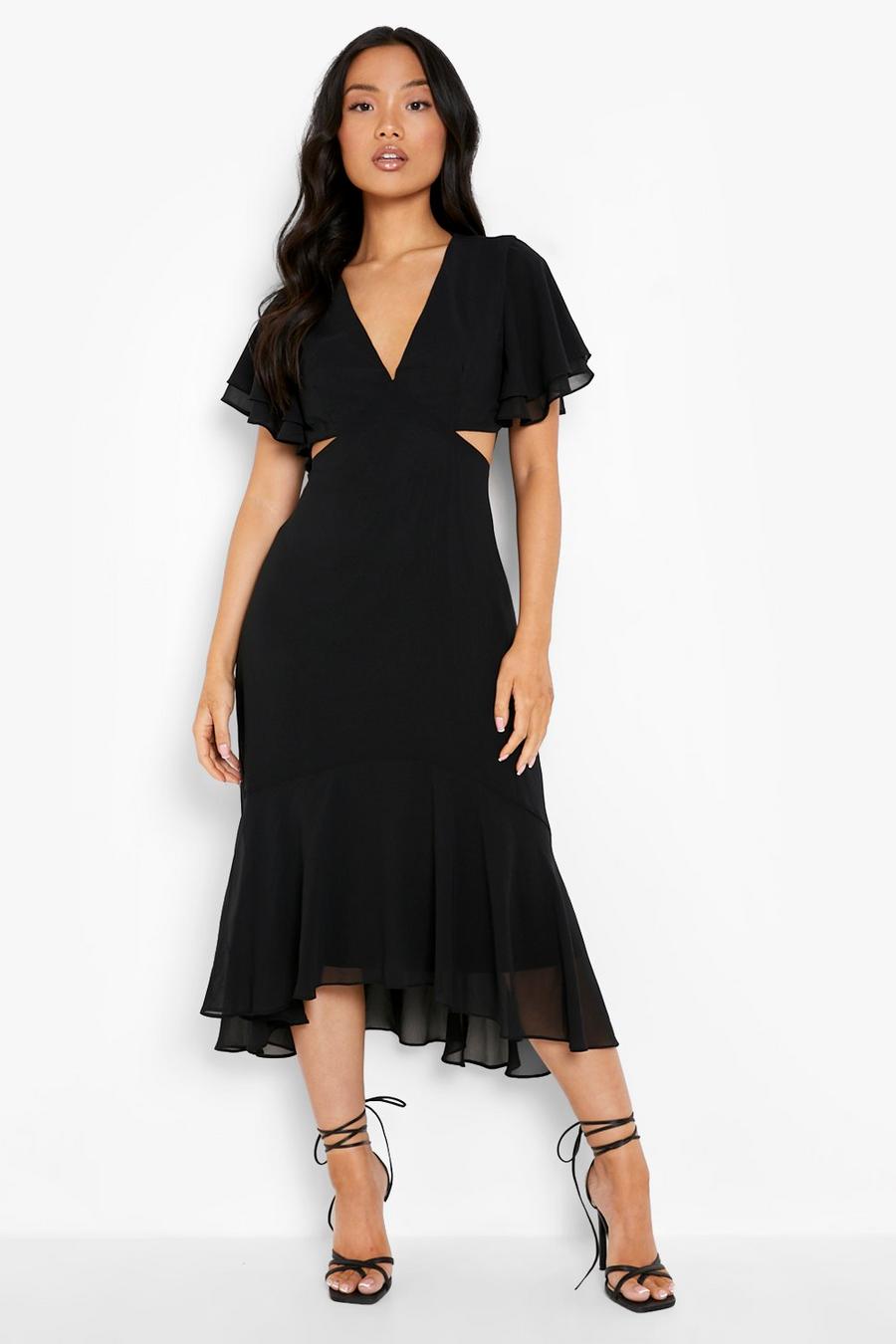 Black Petite V Neck Angel Sleeve Midi Dress image number 1
