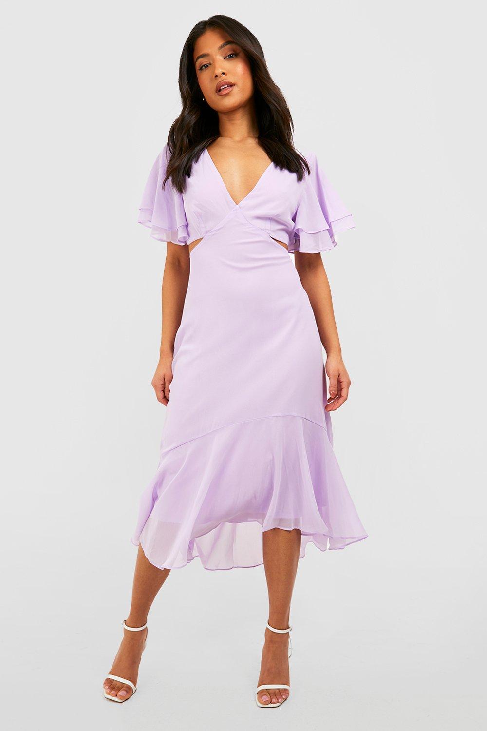 Petite Floral Frill Neck Midi Dress in Lilac