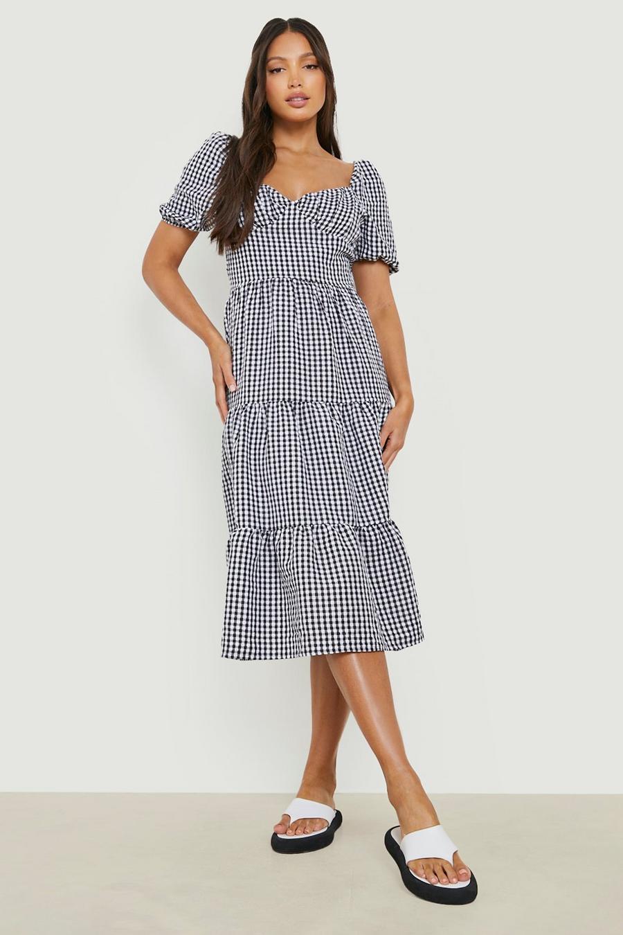 Black Tall Check Puff Sleeve Tiered Skater Dress image number 1