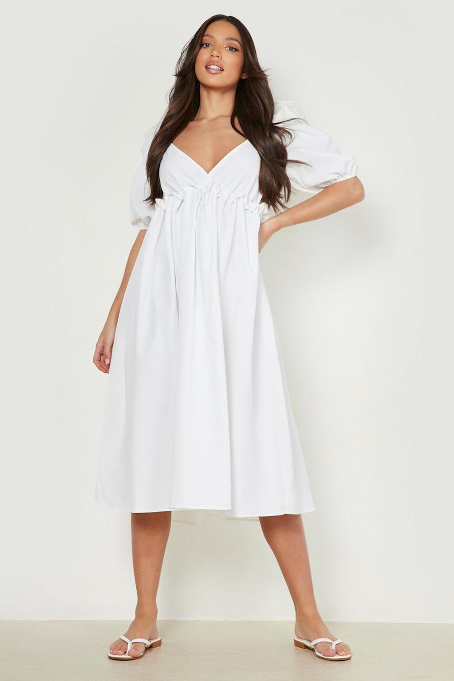 White Tall Poplin Puff Sleeve Midaxi Smock Dress image number 1