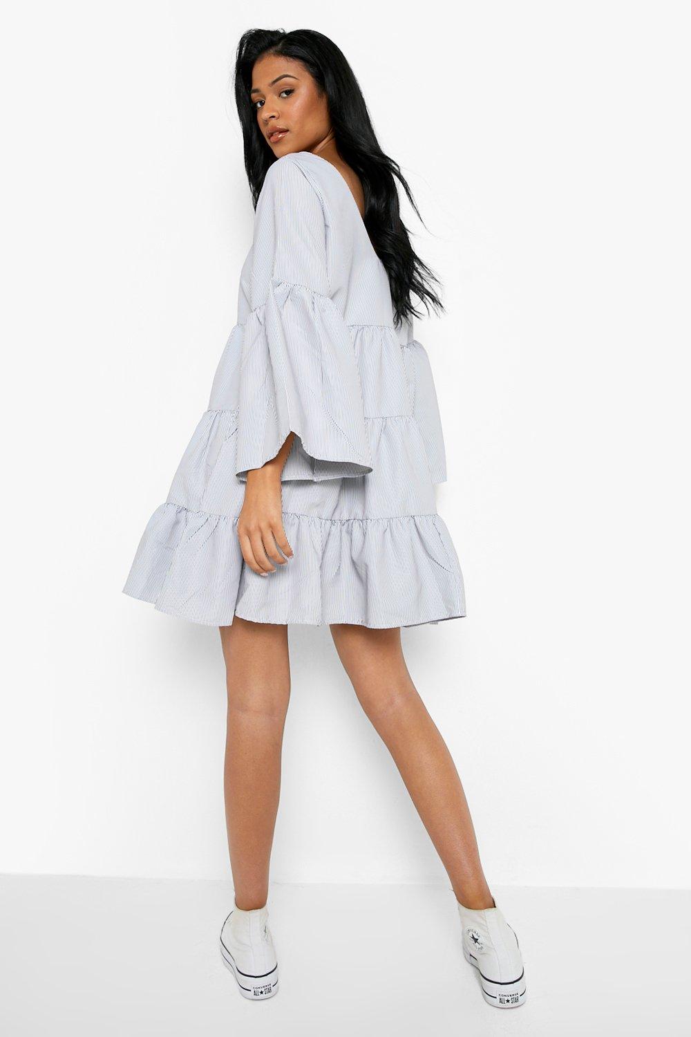 Tall Poplin Flare Sleeve Stripe Smock Dress