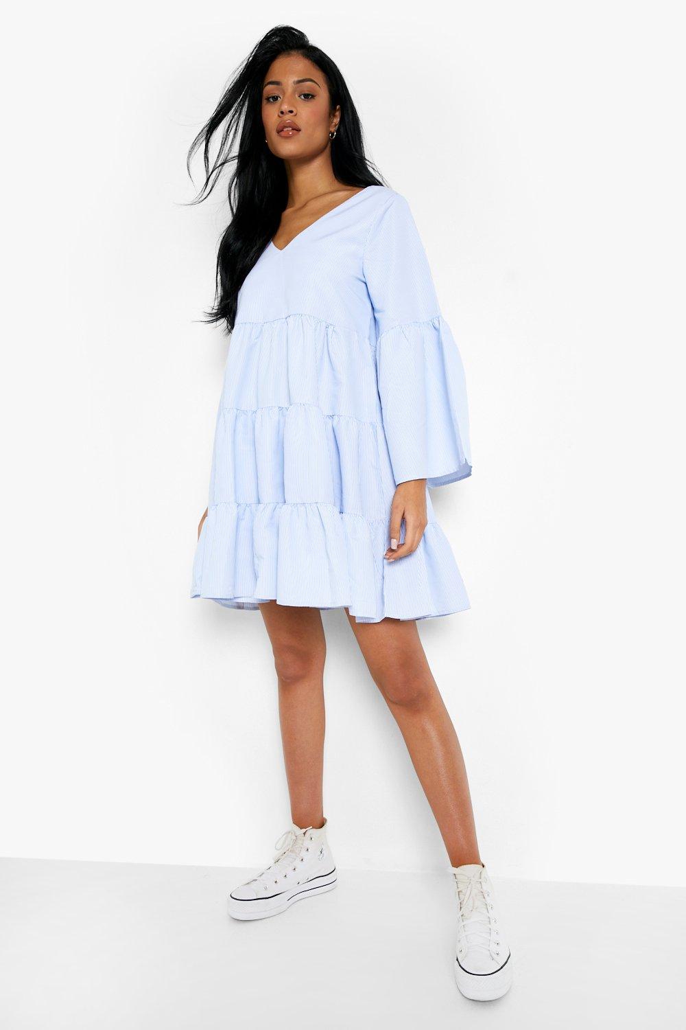 blue and white striped smock dress