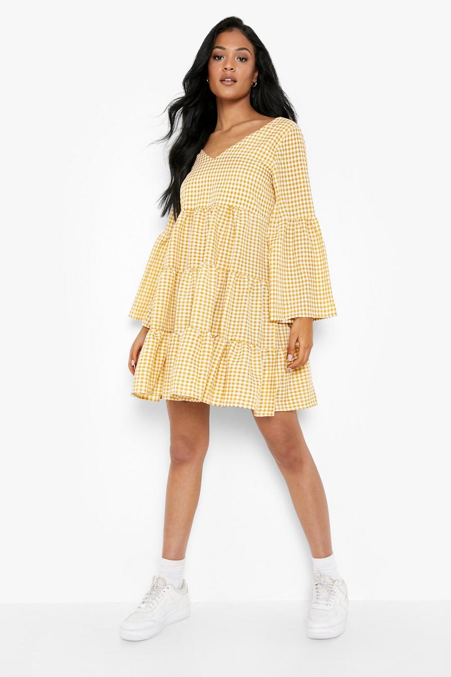 Yellow Tall Poplin Flare Sleeve Check Smock Dress image number 1