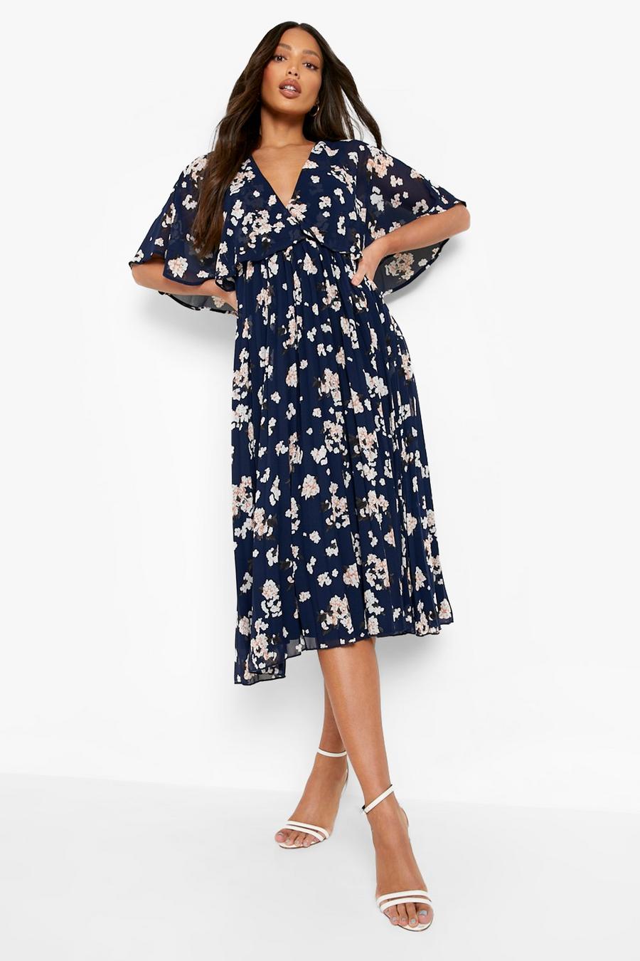Navy Tall Cape Detail Pleated Occasion Midi Dress