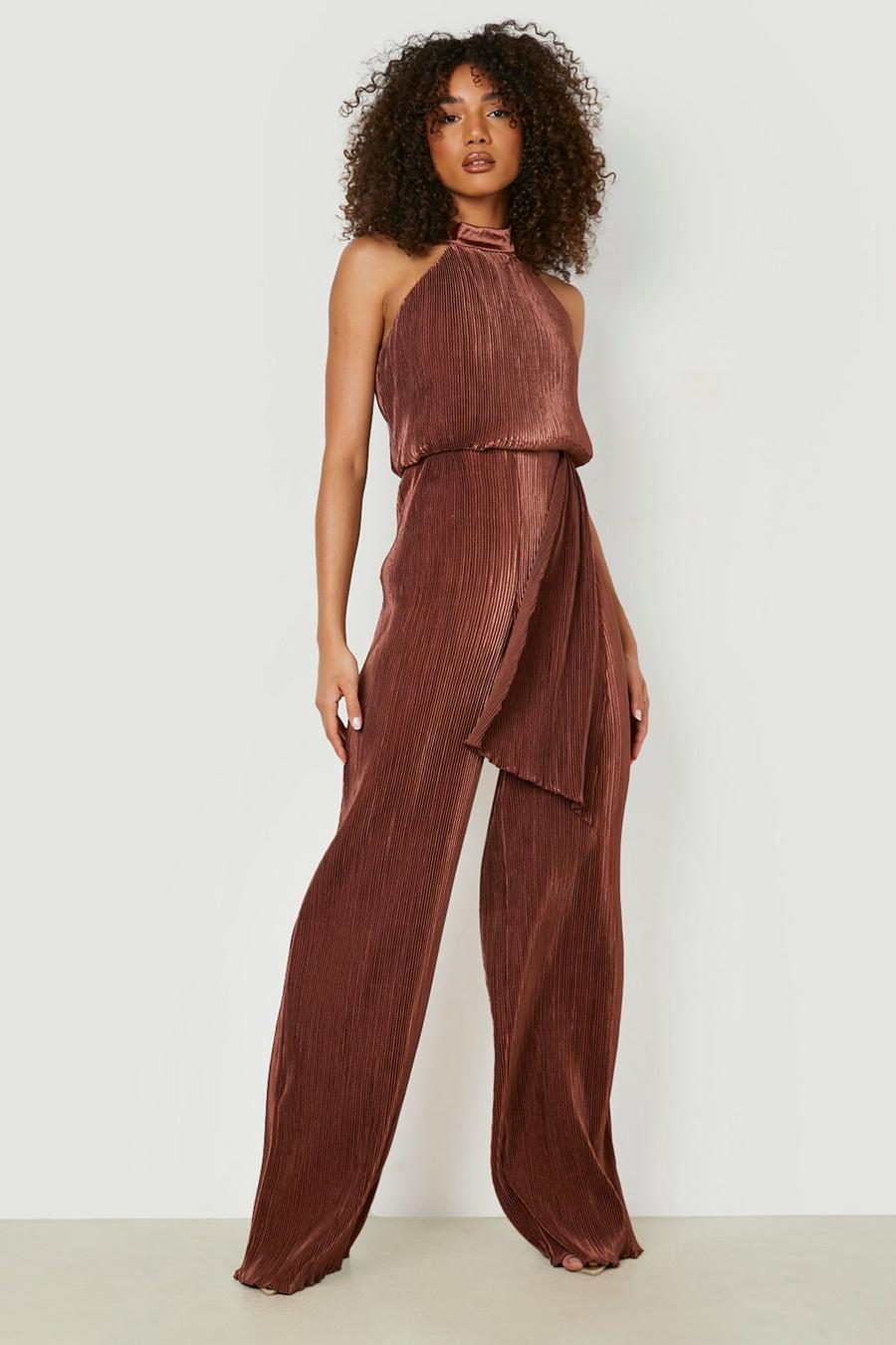 Chocolate Tall Halter Neck Wide Leg Jumpsuit image number 1