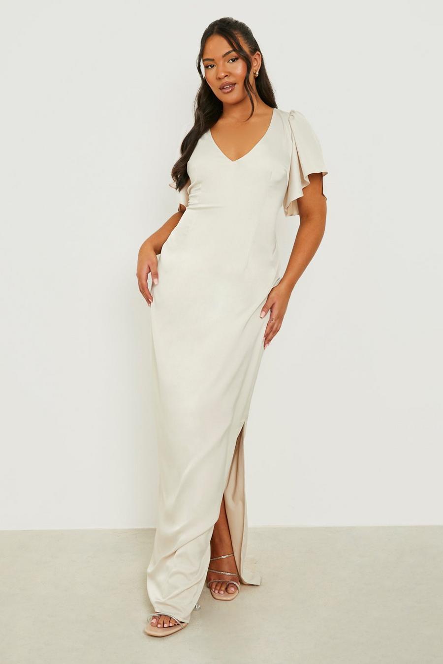 Champagne beis Plus Flute Satin Sleeve Maxi Dress 