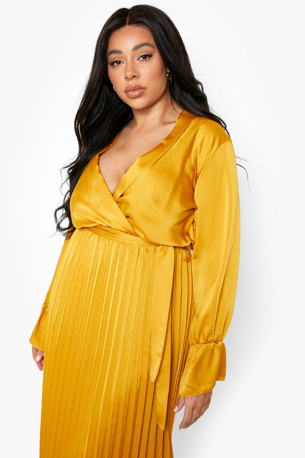 Plus Pleated Flare Sleeve Satin Wrap Dress boohoo NO