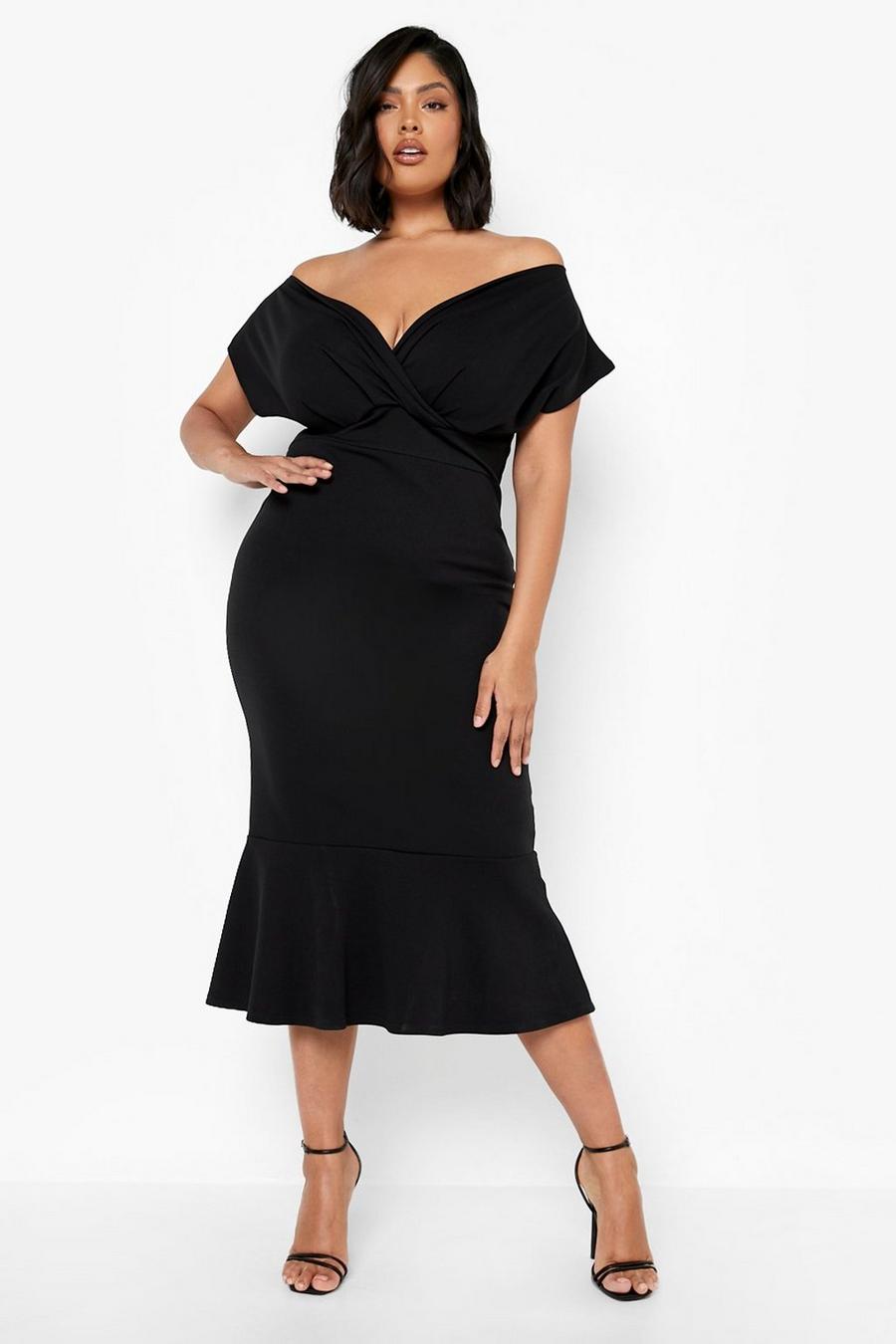 Off Shoulder Big Size Peplum Scuba Dress - Black - Wholesale