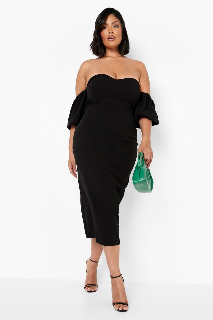 Black Plus Bardot Puff Sleeve Midaxi Dress
