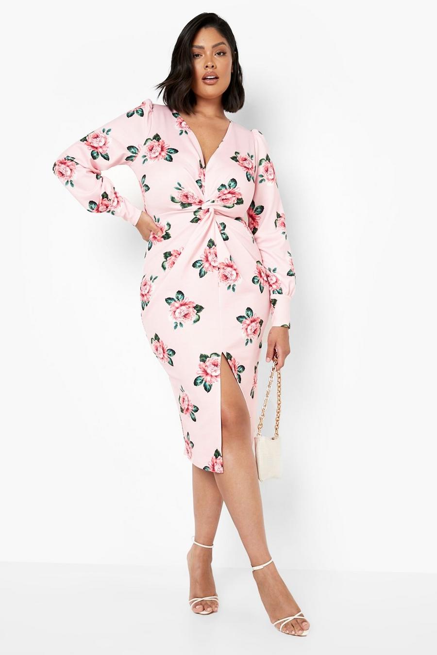 Pink rosa Plus - Blommig klänning med tvinnad detalj image number 1