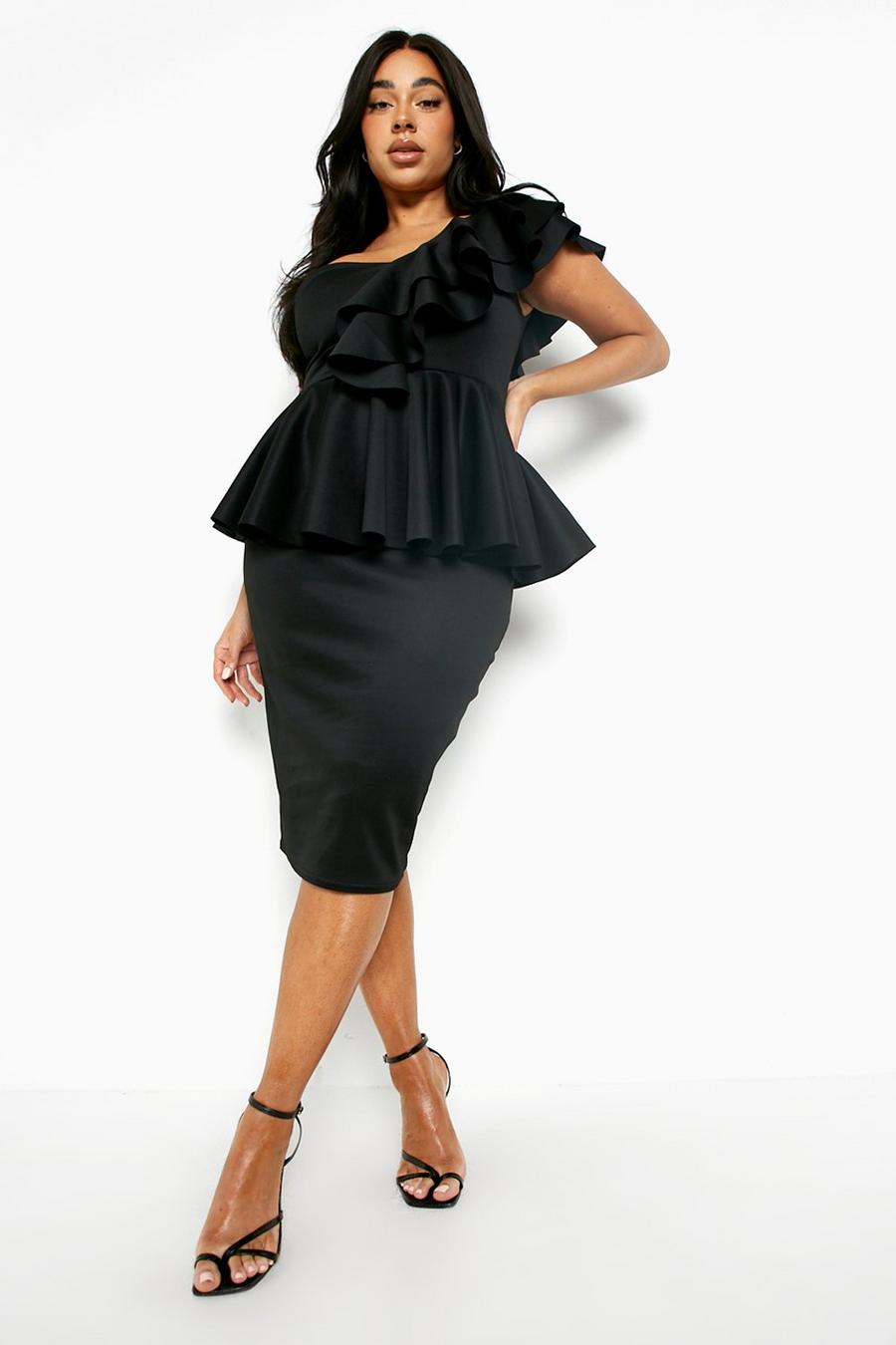 Black Plus One Shoulder Peplum Midi Dress image number 1
