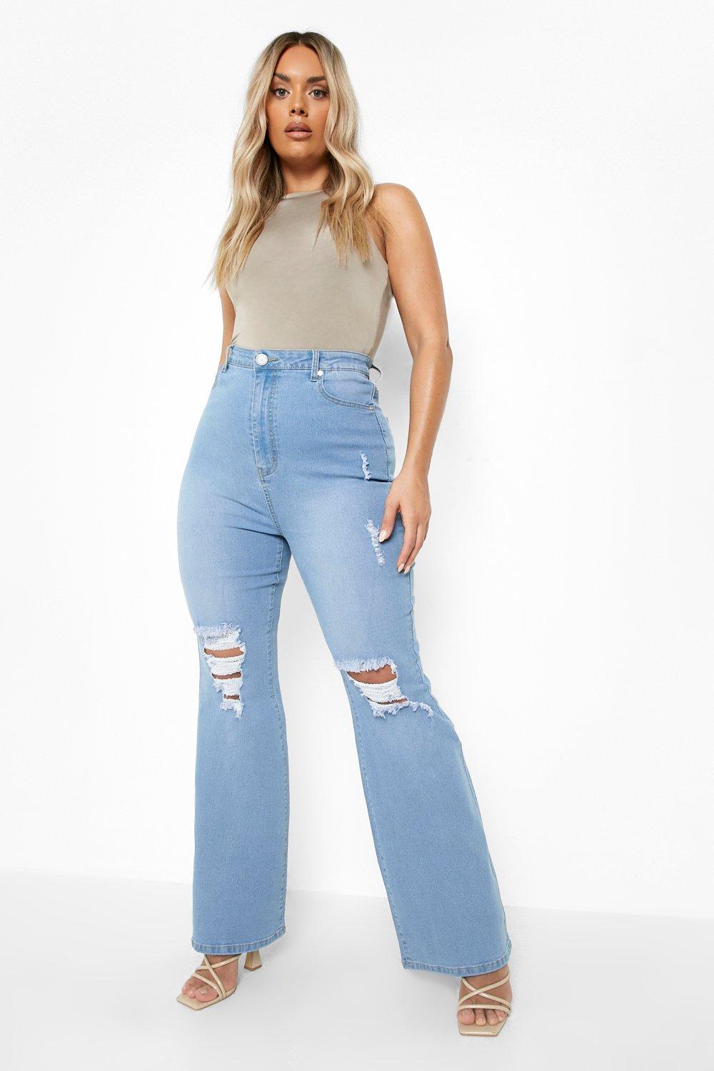 Buy Boohoo High Rise Split Hem Flared Jeans In Blue