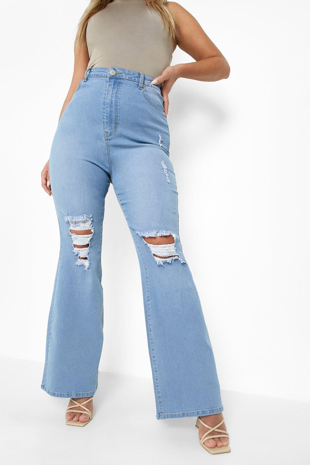 Plus Waisted Split Detail Flare Jeans | boohoo