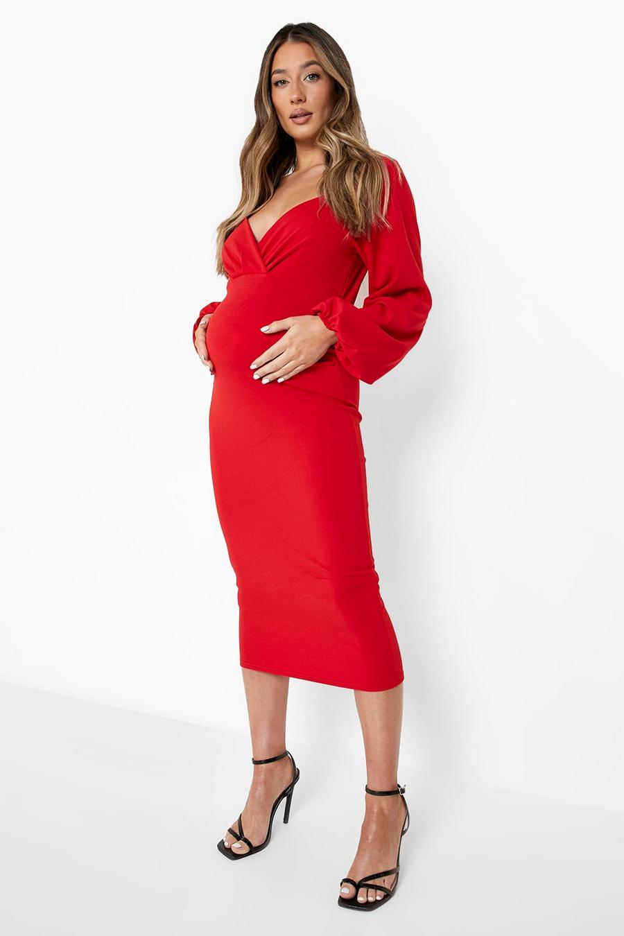 Maternité - Robe mi-longue froncée à manches bouffantes, Red image number 1