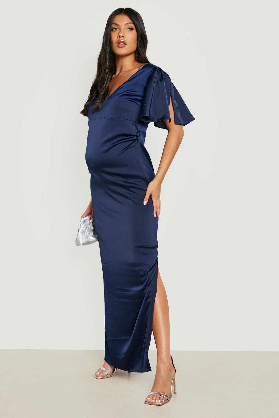 Navy marine Maternity Satin Flute Sleeve Maxi Dress