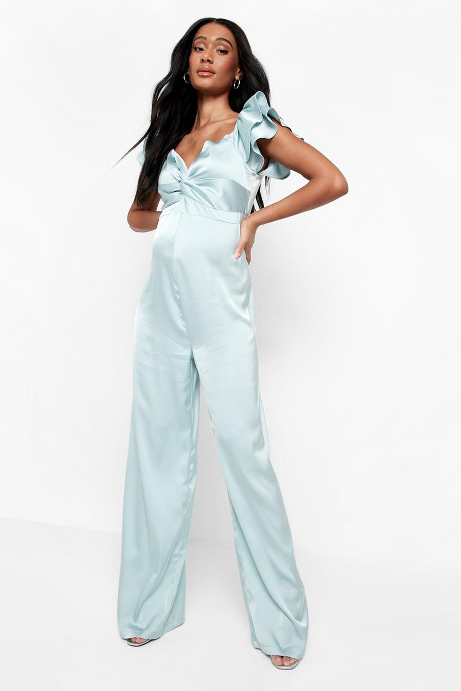 Sage green Maternity Ruffle Satin Jumpsuit image number 1