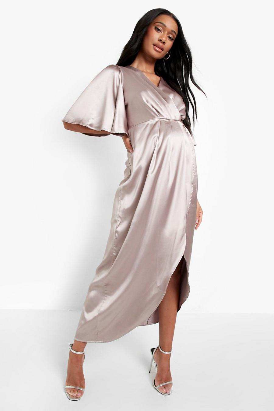 Champagne Maternity Occasion Satin Wrap Midi Dress image number 1