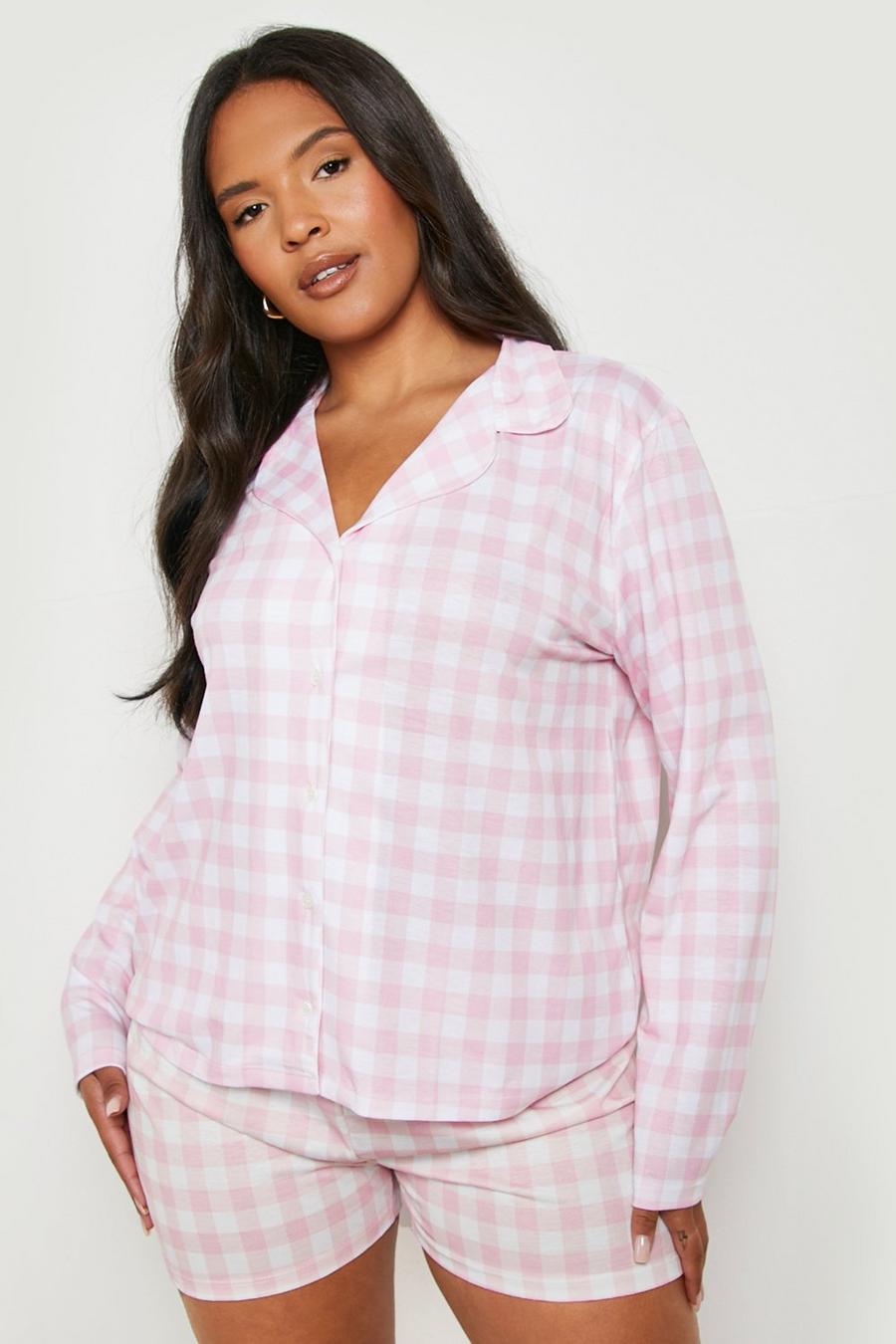 Pijama Plus de pantalón corto con cuadros vichy, Pink image number 1