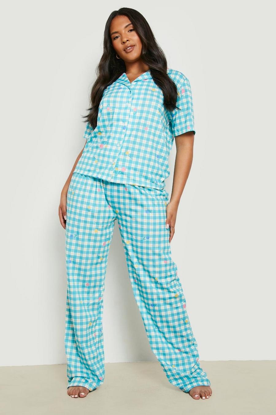 Set pigiama Plus Size a quadretti e fiori con pantaloni lunghi, Blue image number 1