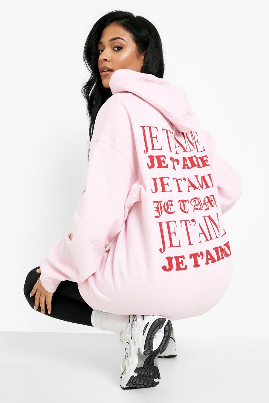 Pink Tall Valentines Je T'Aime Back Print Hoodie image number 1