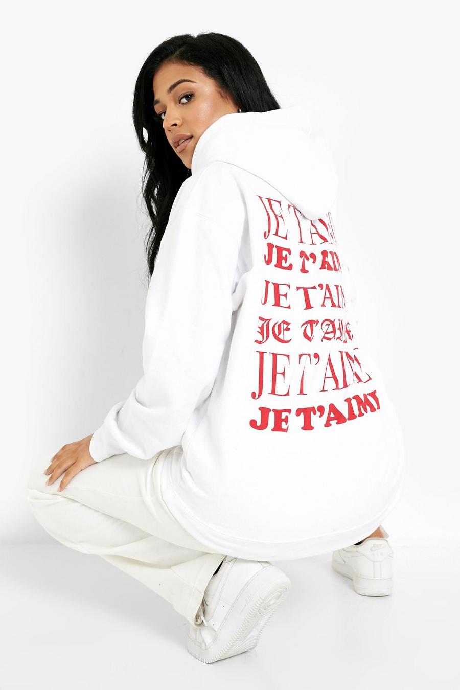 White Tall Valentines Je T'Aime Back Print Hoodie image number 1
