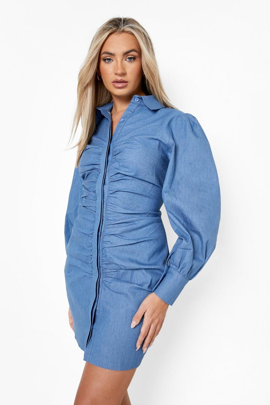 Mid blue Volume Sleeve Ruched Front Denim Shirt Dress