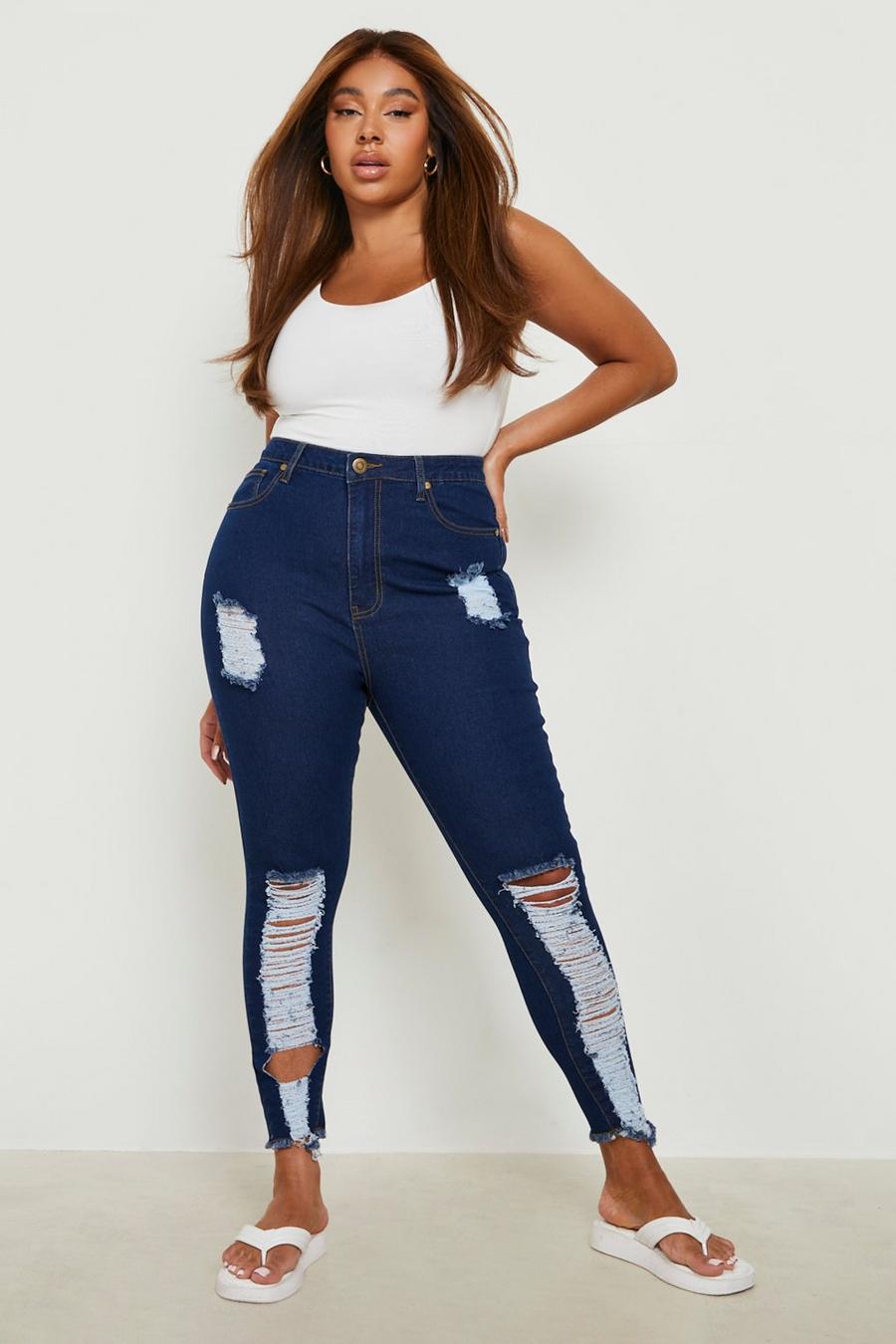 Mid wash blue Plus Ripped Cut Off Stretch Skinny Jeans image number 1