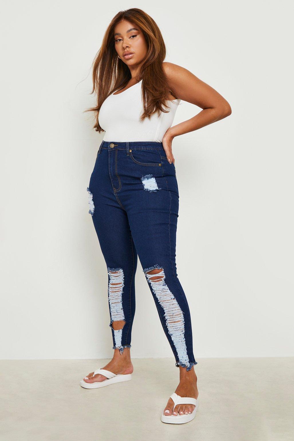 Women's Plus Ripped Cut Off Stretch Skinny Jeans | Boohoo UK