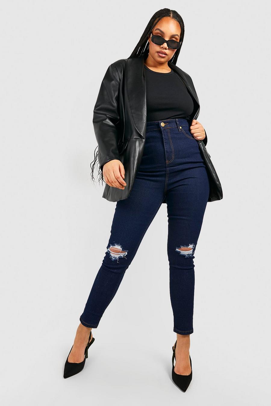 Dark blue Plus - Slitna skinny jeans med hög midja image number 1