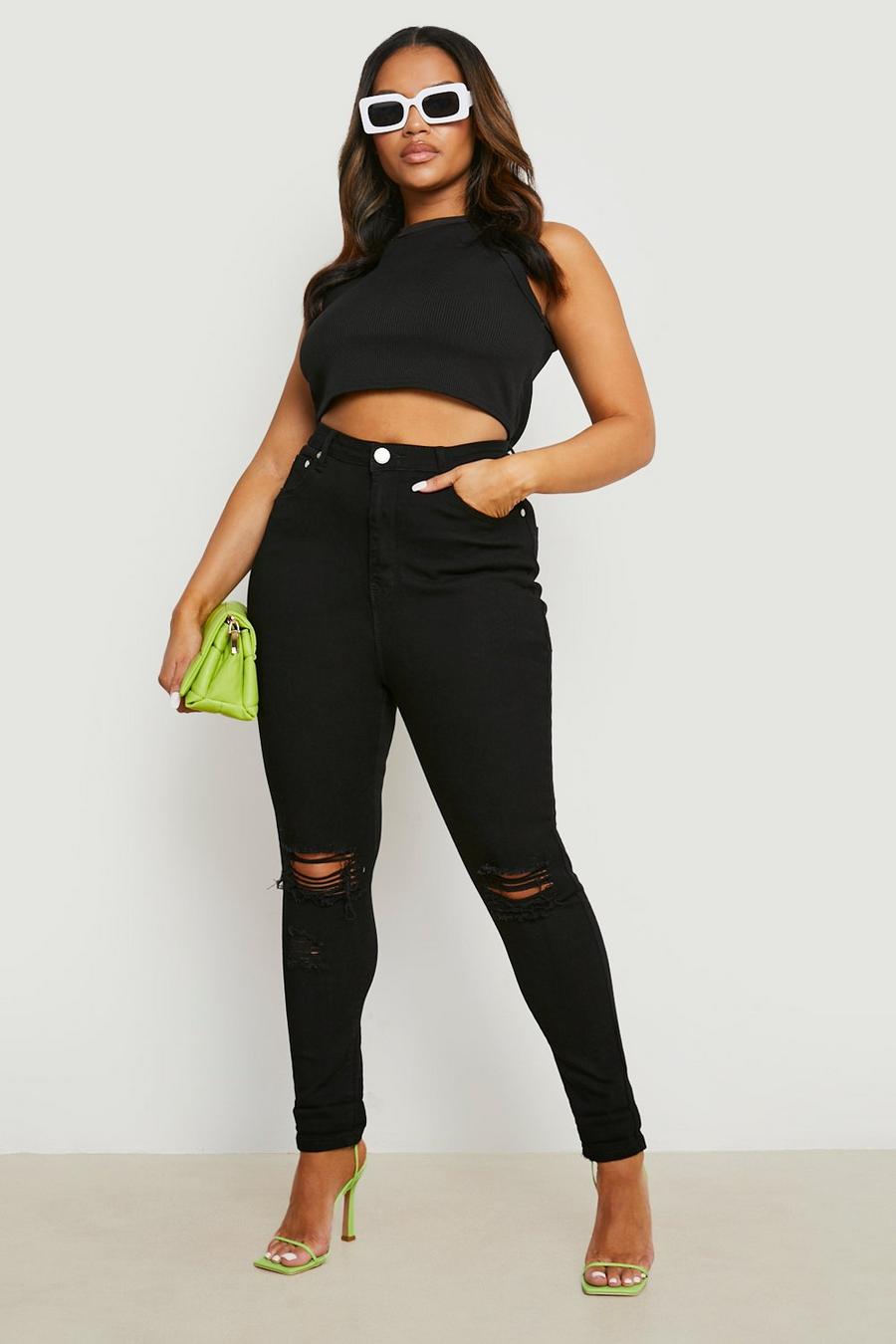 Black Plus Ripped Knee Stretch Skinny Jeans image number 1