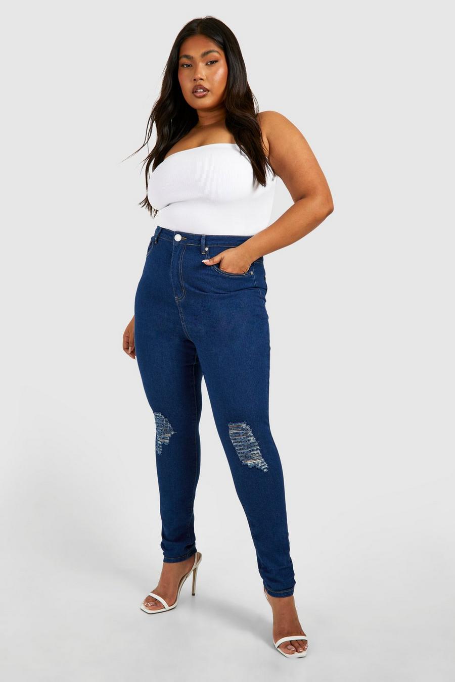 כחול ביניים azul סקיני ג'ינס high waist עם קרעים, מידות גדולות