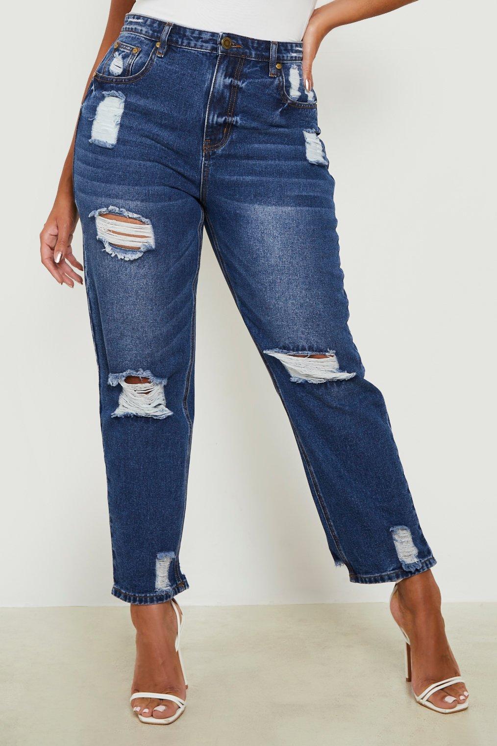 Plus Distressed High Waisted Mom Jeans