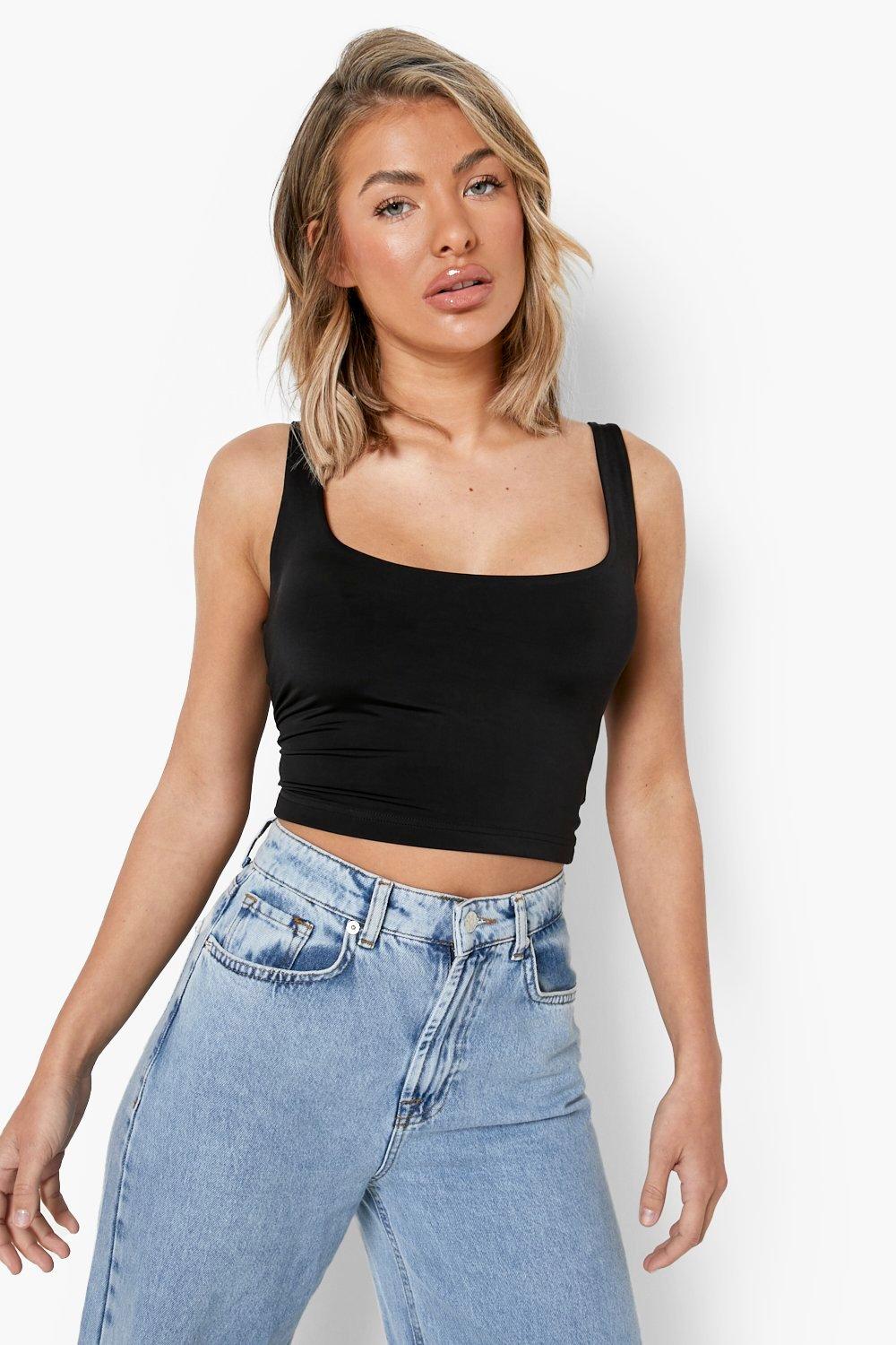 Double Layer Scoop Neck Strappy Crop Top