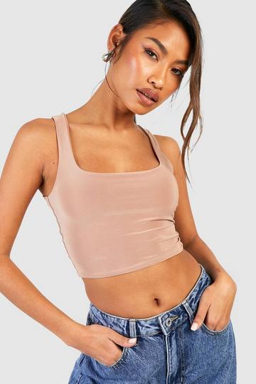 Double Layer Scoop Neck Strappy Crop Top mocha