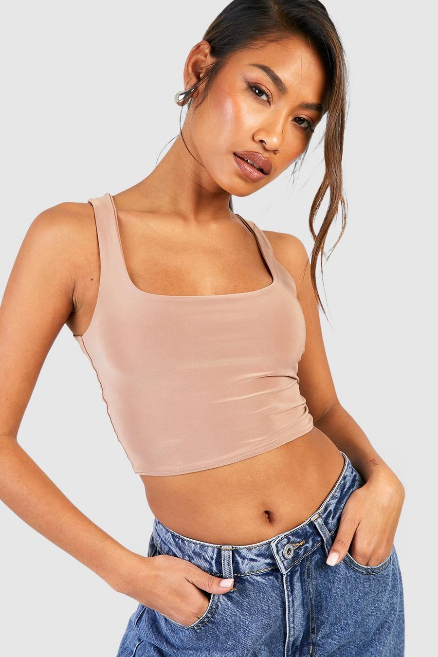 Mocha Double Layer Scoop Neck Strappy Crop Top  image number 1