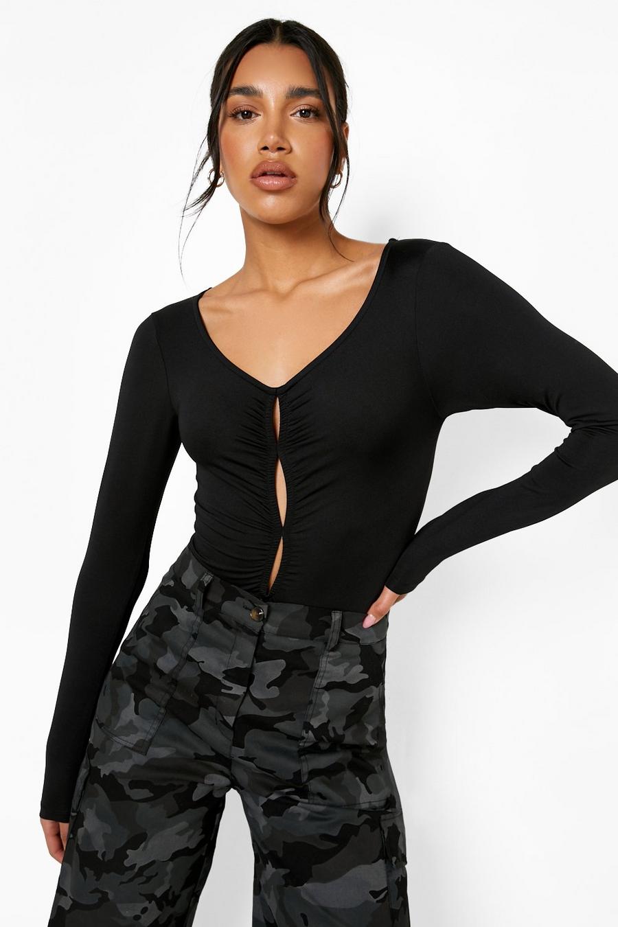 Black Ruched Cut Out Detail Long Sleeve Bodysuit image number 1