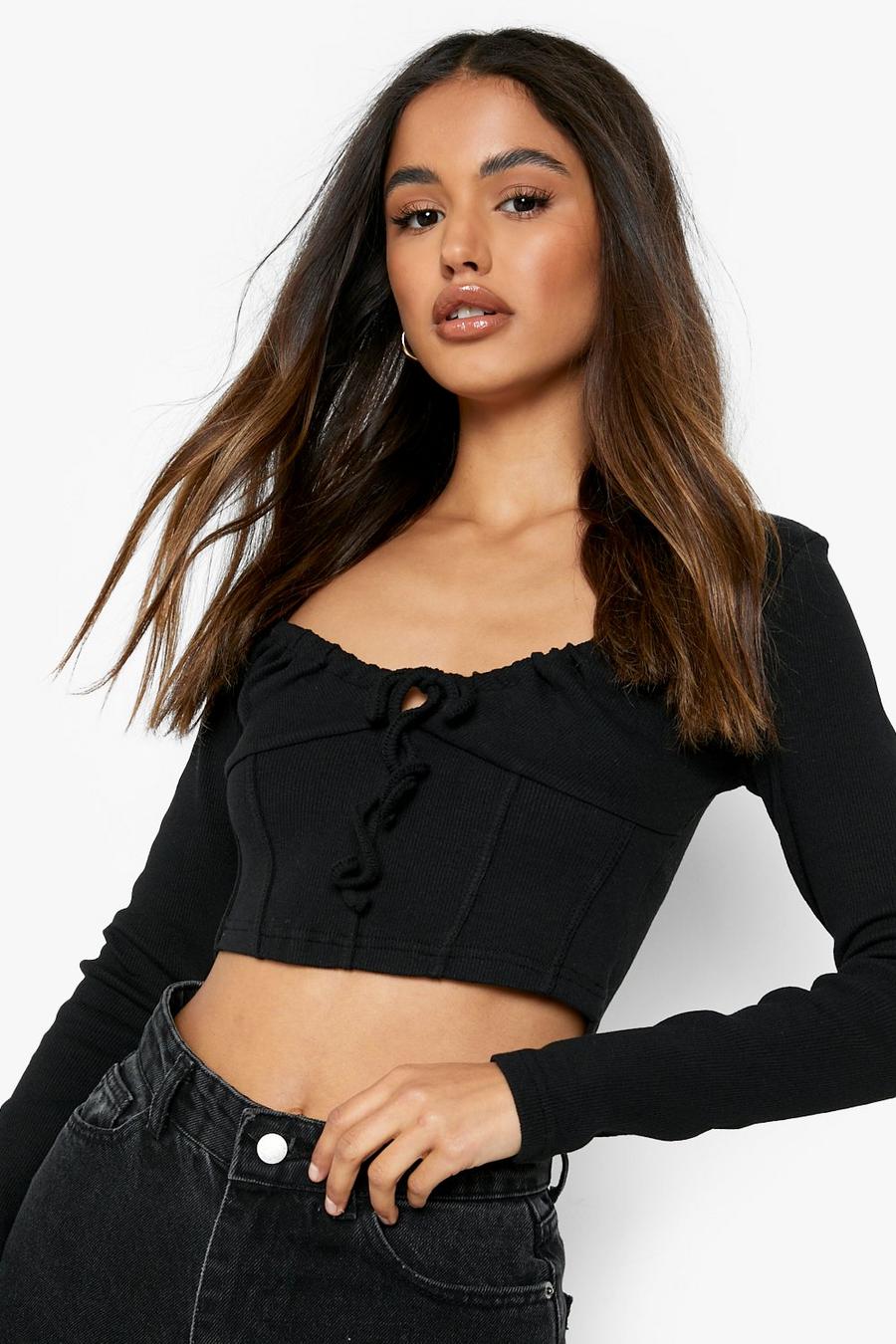 Black Rib Long Sleeve Corset Style Top  image number 1