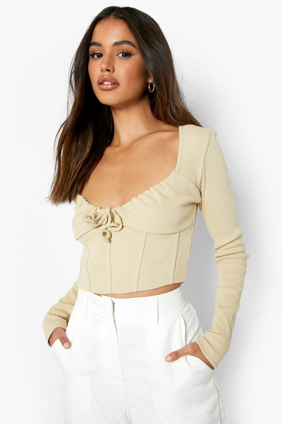 Stone beige Rib Long Sleeve Corset Style Top  image number 1