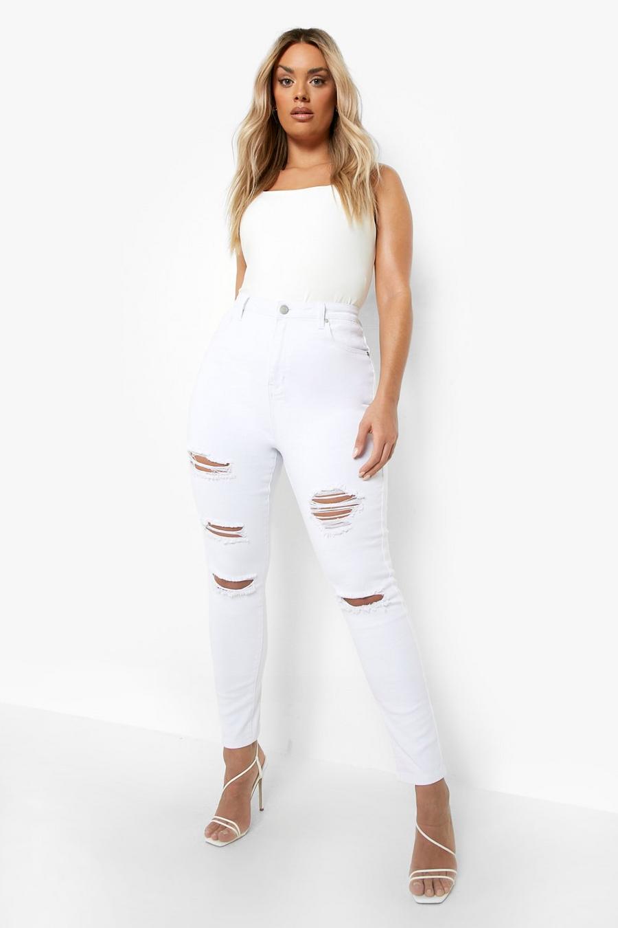White blanco סקיני ג'ינס High Waist עם קרעים גדולים, מידות גדולות