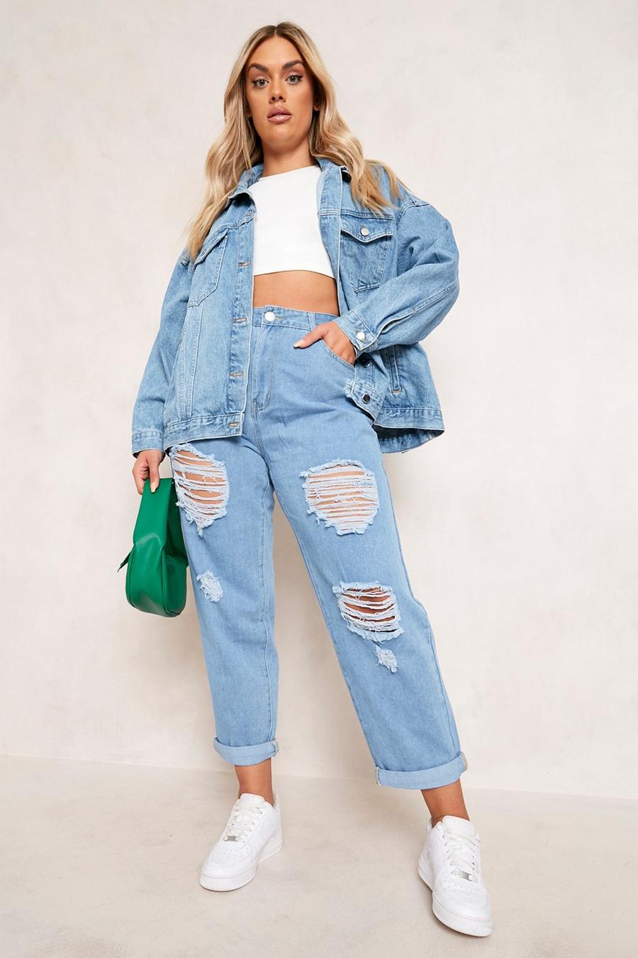 Light wash Plus Distressed Ripped Mom Jeans  image number 1