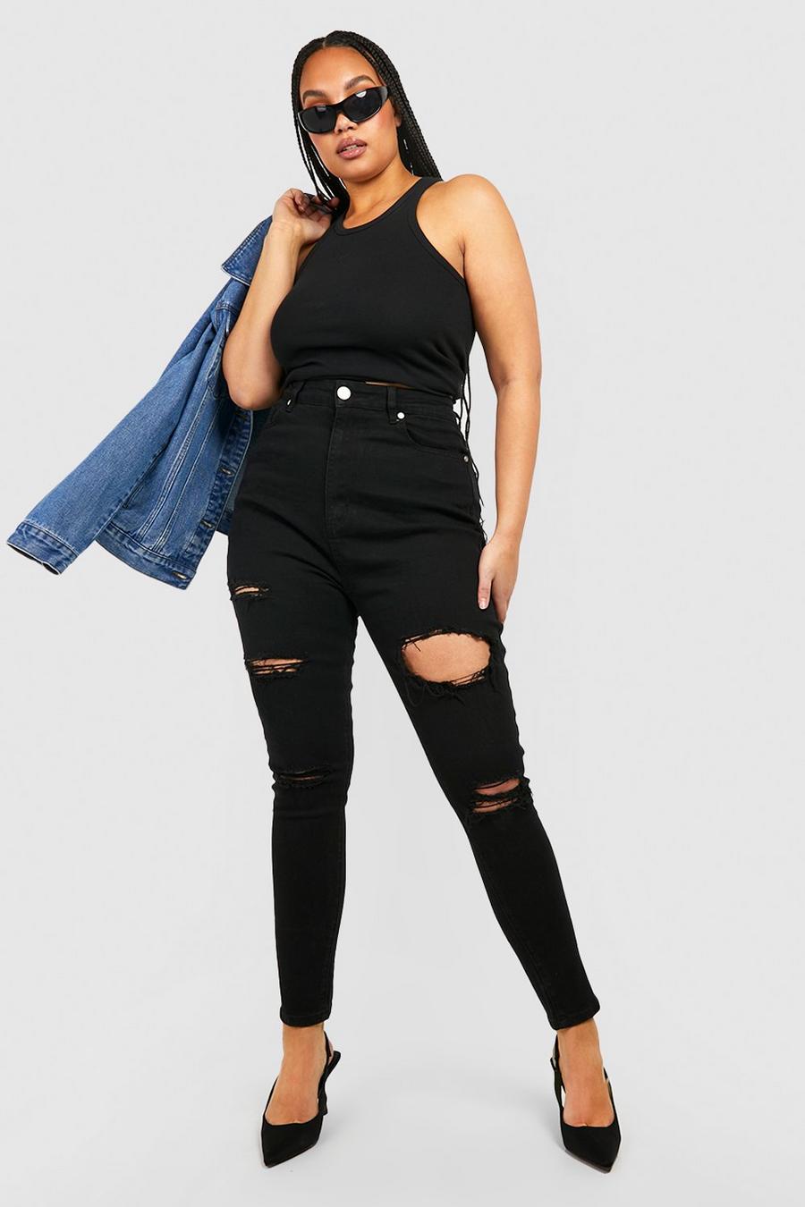 Black svart Plus - Slitna skinny jeans