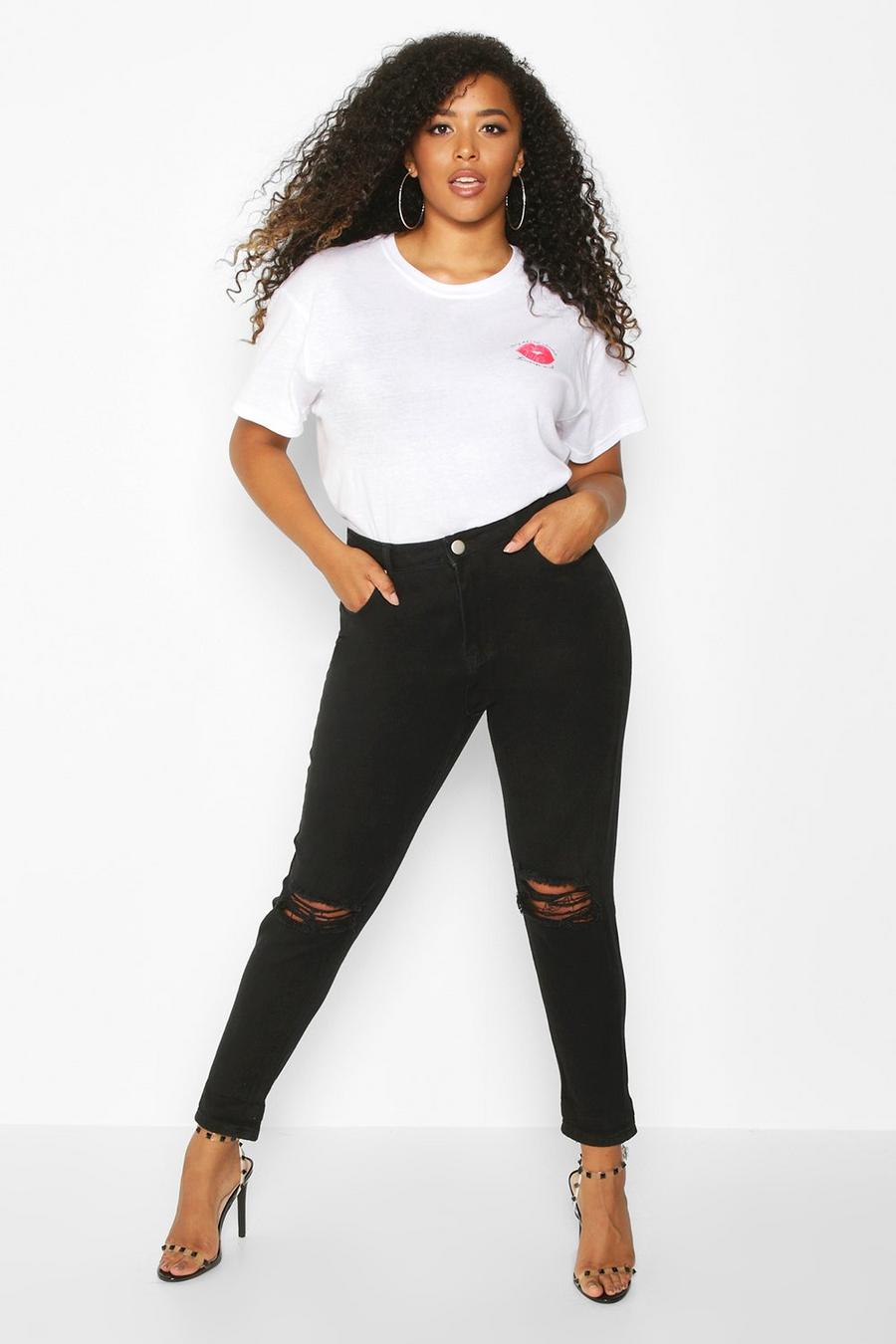 Black Plus Ripped Knee Mom Jeans image number 1