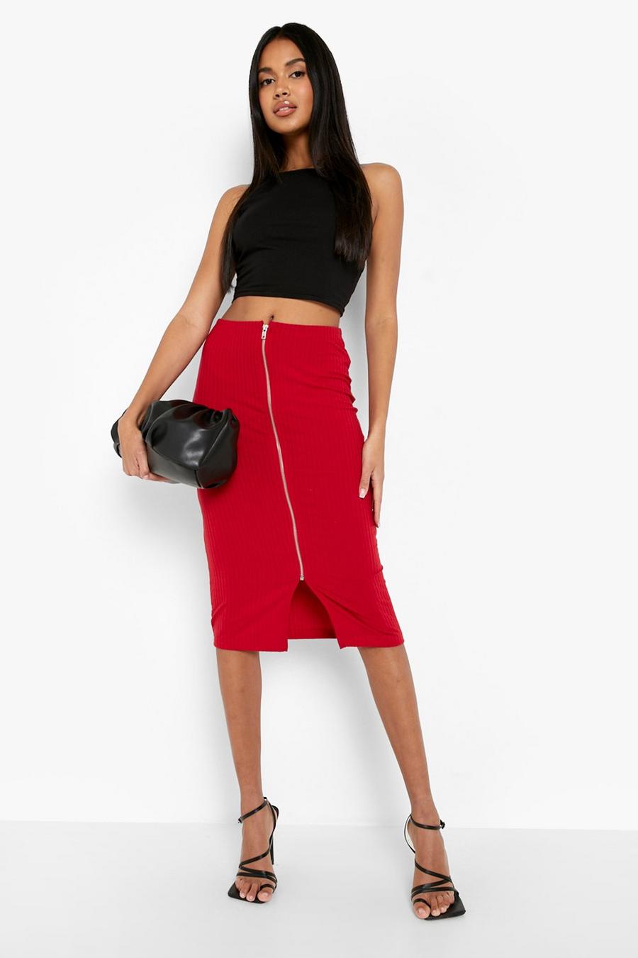 Red Thick Cotton Rib Zip Through Midi Skirt image number 1