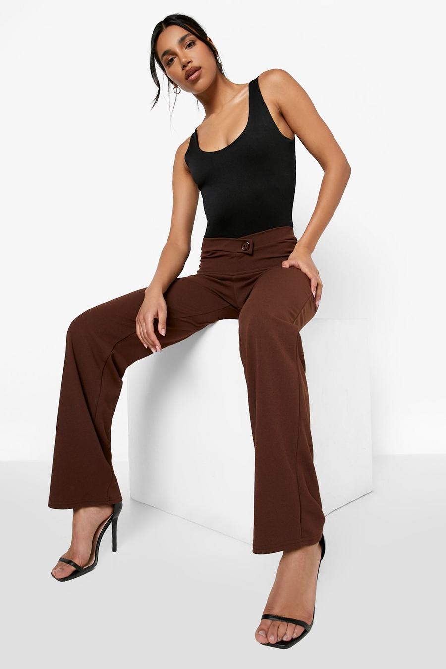 Chocolate Asymmetric Button Straight Leg Trousers image number 1