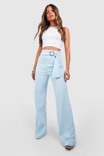 O Ring Belted Straight Leg Crepe Pants pale blue