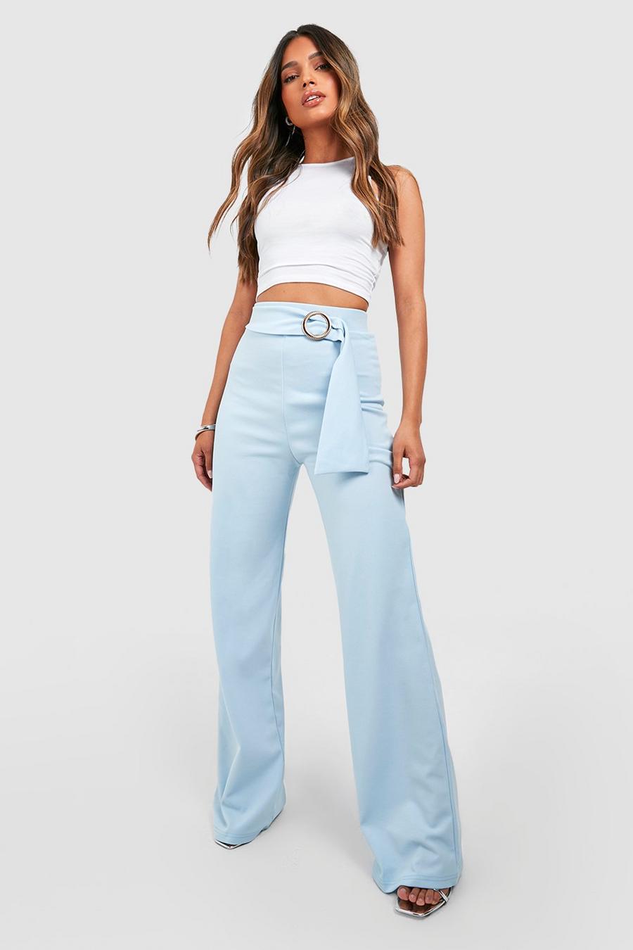Pale blue O-Ring Belted Straight Leg Crepe Pants