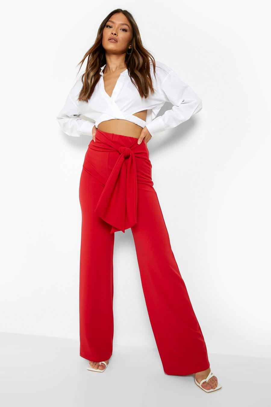Red Belted Waist Straight Leg Pants image number 1