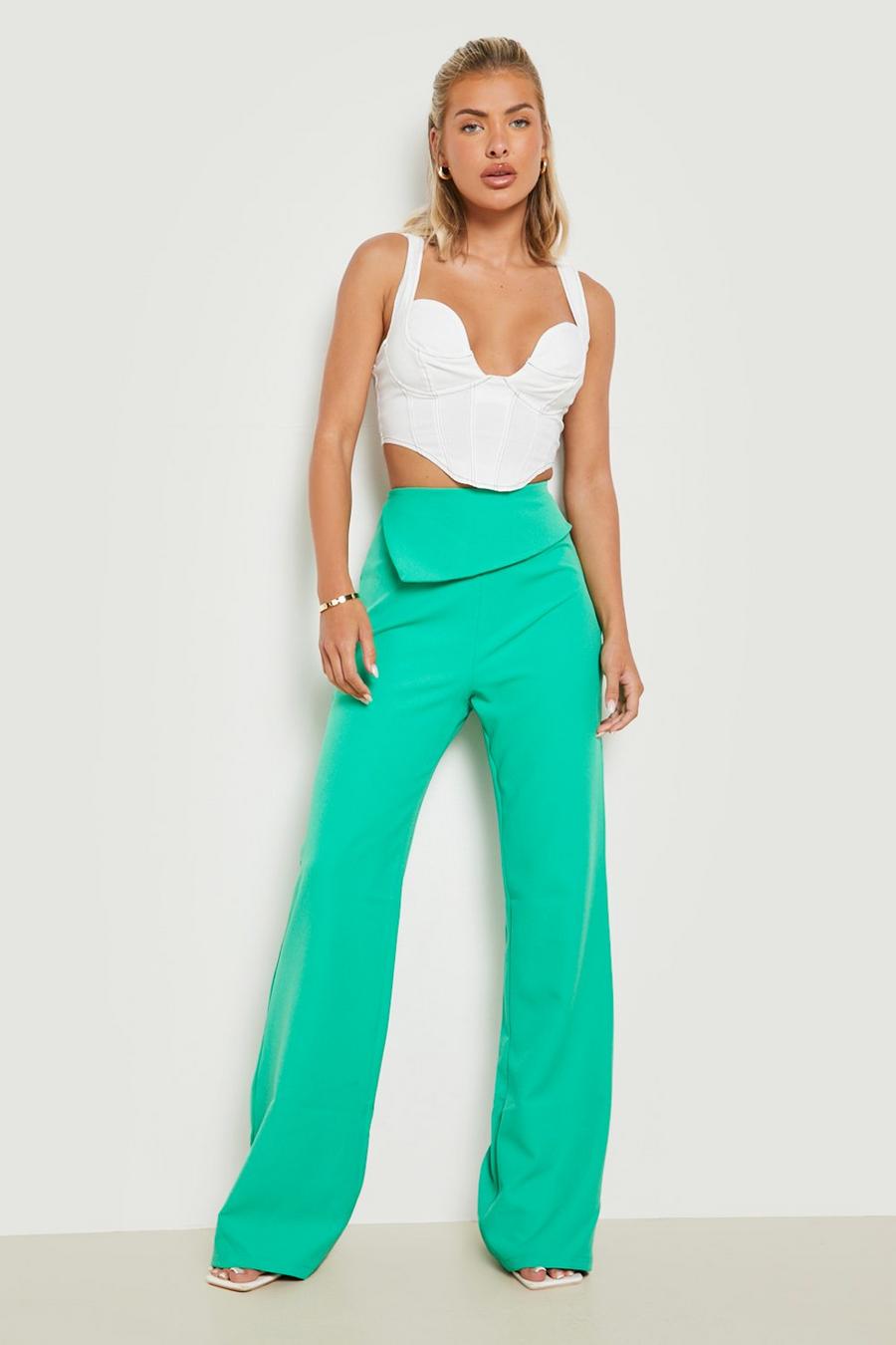 Green Fold Over Waist Detail Wide Leg Trousers image number 1