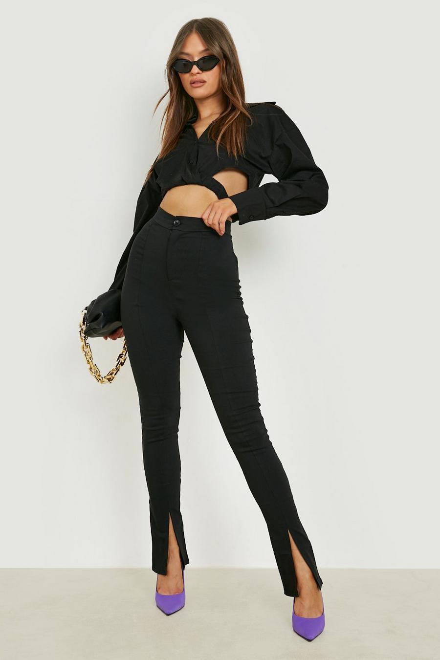 Black High Waisted Split Front Stretch Skinny Trousers image number 1