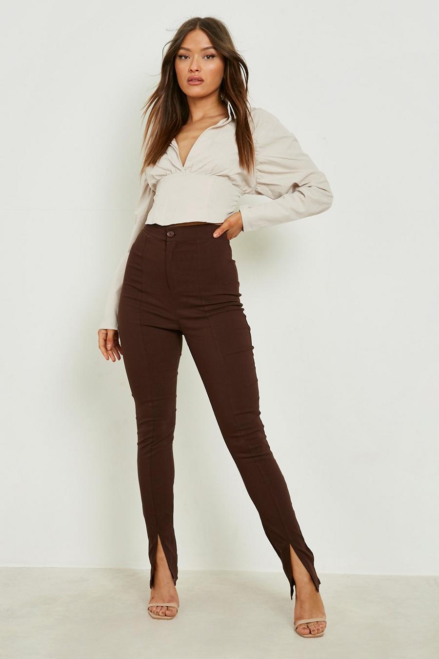 Chocolate Split Front Skinny Woven Stretch Pants image number 1